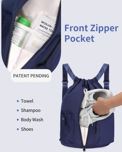 Vista 2 de WANDF Mochila deportiva con cordón y compartimento para zapatos, resistente al agua, bolsa de natación para mujeres y hombres, Azul marino, Mediana