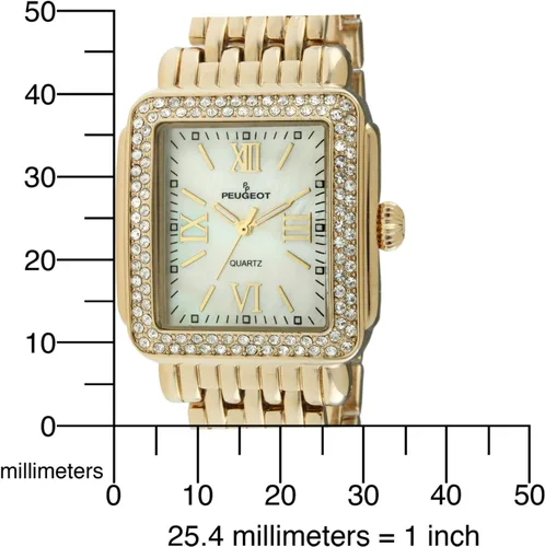 Vista 7 de Peugeot Reloj de vestir rectangular para mujer con bisel decorado de cristal, números romanos y pulsera