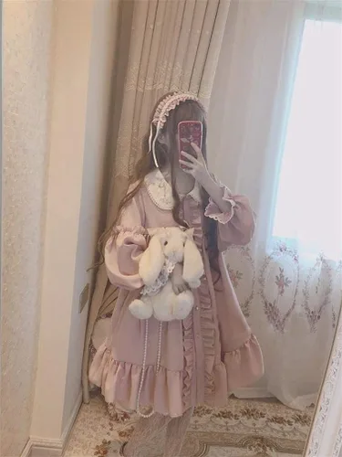 Vista 4 de Topin Lolita Vestido de princesa Kawaii de manga larga de gasa dulce con bolsa de conejo
