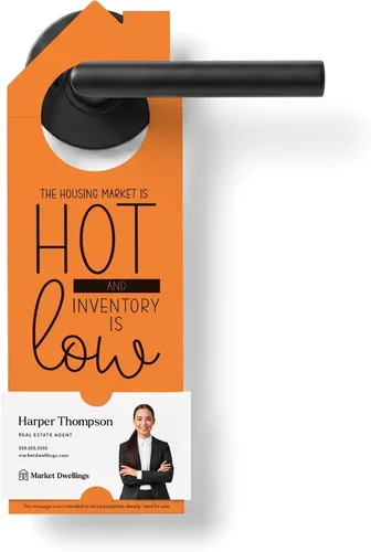 Vista 14 de Real Estate Door Hangers for Agents, The Housing Market Is Hot and Inventory Is Low, 50 Pack with Business Card Slot, 100lb Cardstock, White, Market
