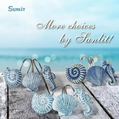 Vista 7 de Sunlit - 12 piezas de ganchos para cortina de ducha azul agua resina, diseño costero de criaturas oceánicas, decoración náutica para baño