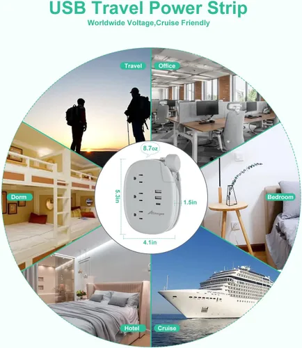 Vista 7 de Alitayee Regleta de alimentación de viaje portátil USB C con 3 tomas, 3 puertos USB, carga rápida, extensor de salida USB extensible con enchufe