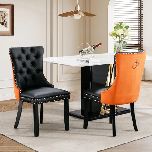 Vista 55 de Juego de 2 sillas de comedor tapizadas de tela de lino, sillas de cocina modernas de mediados de siglo con respaldo alto, ribete de cabeza de clavo
