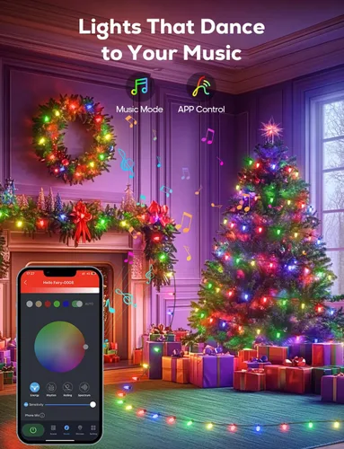 Vista 2 de Luces de Navidad Inteligentes, C9 RGB de 66 pies, 100 luces LED de fresa conectables, control remoto de aplicación, sincronización de música, luz