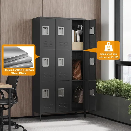 Vista 6 de STANI Taquillas de metal para empleados con cerradura, armario de almacenamiento de acero de 9 puertas altas con estantes, gabinete de acero