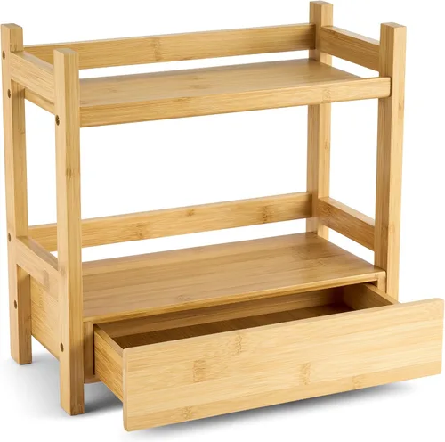 Vista 11 de Sorbus Organizador de encimera de baño de bambú, estante de 2 niveles con cajón oculto para tocador, estación matcha, organizador de fregadero