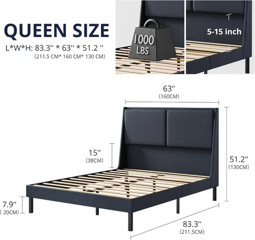 Vista 2 de Cozy Castle Base de cama tamaño Queen con cabecera de respaldo doble de 51.2 pulgadas de alto, marco de cama de plataforma de metal, no necesita