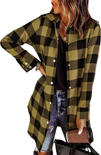 Vista 20 de EVALESS Chamarra Shacket de Cuadros con Bloques de Color para Mujer, Ropa de Otoño, Conjuntos de Moda 1b marrón