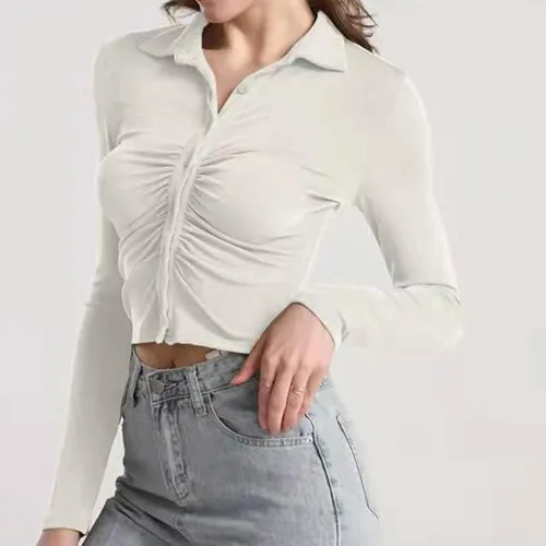 Vista 2 de Ropa de otoño para mujer 2022, sexy, ajustado, manga larga, con cuello abotonado, blusas plisadas, estilo casual