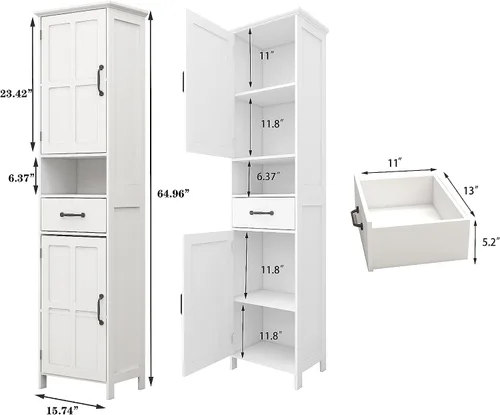Vista 2 de Locsear Armario de almacenamiento alto para baño, armarios de baño blancos independientes, armario de almacenamiento estrecho con estantes