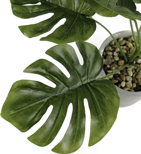 Vista 3 de Birsppy Tuokor - Plantas artificiales pequeñas de 15 pulgadas, hoja verde palmera en macetas de cemento para interiores y exteriores, plantas falsas