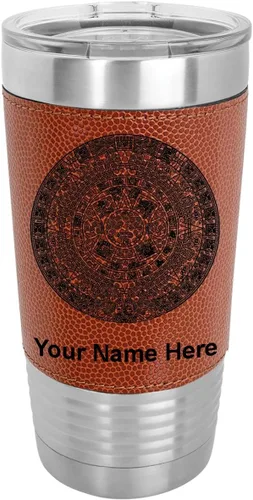 Vista 12 de LaserGram Vaso aislado al vacío de 20 onzas, calendario azteca, grabado personalizado incluido (piel sintética, estilo béisbol)