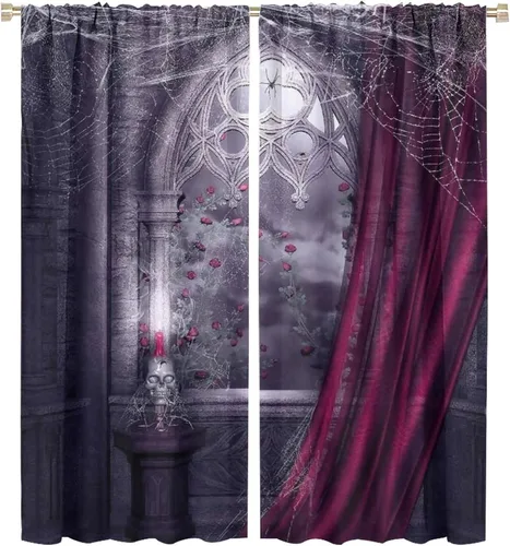 Vista 49 de Cortinas opacas góticas, diseño de calavera de terror de palacio retro, fondo de rosas rojas, sala de estar, dormitorio, cocina, cortinas de ventana