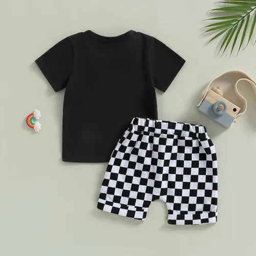 Vista 3 de Karuedoo Conjunto de camiseta de manga corta a cuadros para bebé niño y niña, conjunto de camiseta y pantalones cortos de moda para niños pequeños