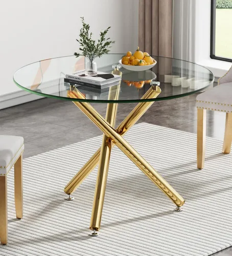 Vista 32 de Mesa de comedor redonda, mesa de cocina de vidrio de 36 pulgadas para 4 personas, mesa de comedor de vidrio templado con patas de metal plateadas