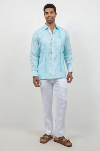 Vista 3 de Mojito - Guayabera de manga larga para hombre, 100% lino, panel de contraste y pliegues tonales Agua