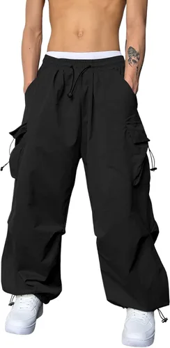Vista 2 de OYOANGLE Pantalones cargo para hombre, cintura elástica, bolsillos con solapa, pantalones de harén holgados de hip hop