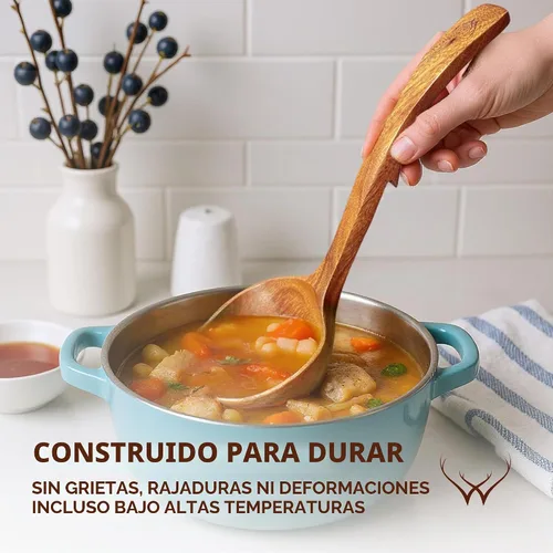 Vista 5 de Prime - Juego de cucharón de madera de teca con soporte para cuchara, cucharón de sopa grande y profundo con mango de gancho para cocinar, servir