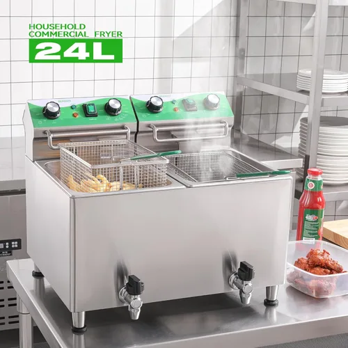 Vista 2 de NUPANT Freidora comercial de 25.3 cuartos de galón / 24 litros con filtración de aceite y temporizador, freidora eléctrica con 2 cestas y tapas