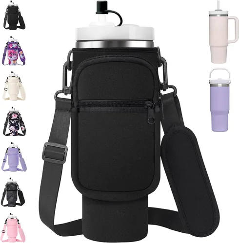Vista 9 de AceTreker Bolsa de transporte para botella de agua con correa para vaso Stanley de 40/30 onzas, funda aislante de neopreno con bolsillo para 01-Crema