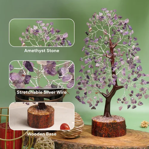 Vista 5 de Árbol de la vida de cristal amatista de 10-12 pulgadas con 2 colgantes de chakra – Bonsái de cristal sanador, árbol del dinero para energía