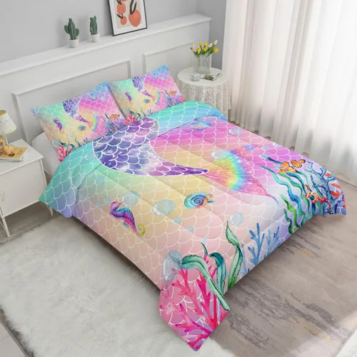 Vista 2 de Datura Home - Juego de edredón de cama con estampado de cola de sirena rosa arcoíris con 1 y 2 fundas de almohada para dormitorio de niñas durante