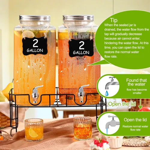 Vista 4 de FillTouch Paquete de 2 dispensadores de bebidas de vidrio de 2 galones, dispensador de bebidas de vidrio con soporte y filtro a prueba de fugas