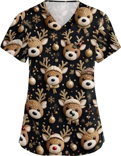 Vista 22 de Camisetas de uniforme médico de Navidad para mujer, talla grande, estampado ##896-Multicolor