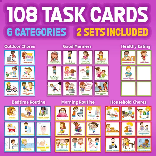 Vista 4 de Tabla de tareas para varios niños, incentivo de comportamiento para el hogar, borrado en seco y tablero magnético para 2 niños, incluye 54 tarjetas
