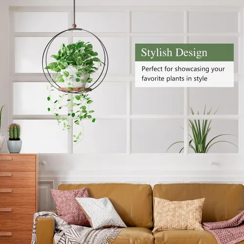 Vista 6 de Juego de 2 macetas colgantes para plantas de interior: colgador de plantas de macramé con base de madera resistente, decoración de pared, techo