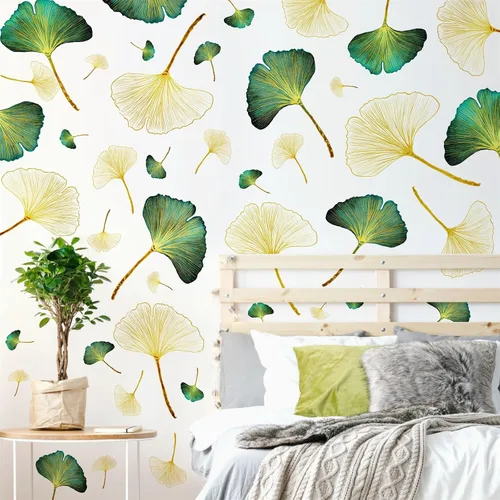 Vista 5 de Calcomanías de pared de hojas doradas, calcomanías de pared de hojas verdes, calcomanías de pared modernas para dormitorio, sala de estar, Oro