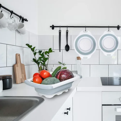 Vista 4 de Colador plegable, colador de cocina, colador plegable con asas extensibles para drenar verduras, pasta, frutas, incluye 6, colador plegable de 4