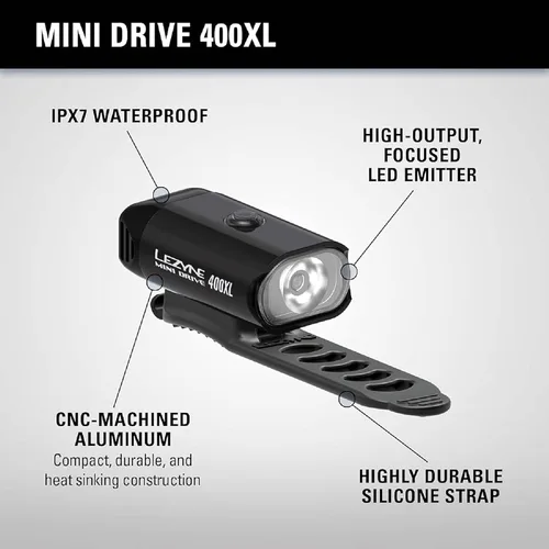 Vista 4 de LEZYNE Mini Drive 400 Unisex USB Recargable Luz LED Bicicleta de Montaña IPX7 Waterproof, Water-Resistant USB-C Charging Port, Integrated Strap