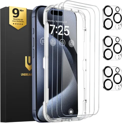 Vista 12 de UNBREAKcable Paquete de 3 protectores de pantalla para iPhone 15, 3 de vidrio templado + 3 protectores para lente de cámara, dureza 9H, claridad HD