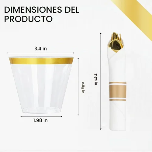 Vista 3 de Juego de vajilla dorada de 350 piezas, 100 platos de plástico, 50 vasos, 50 servilletas enrolladas con cubiertos de plástico, juego de vajilla
