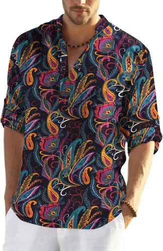 Vista 34 de COOFANDY Camiseta Henley de algodón y lino para hombre, de manga larga, estilo hippie, casual, playera