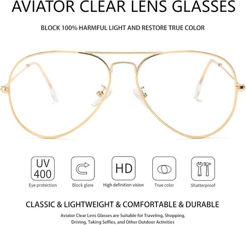 Vista 3 de Gafas de aviador clásicas para mujeres y hombres, marco de metal retro, lentes transparentes sin receta, 2.283 in