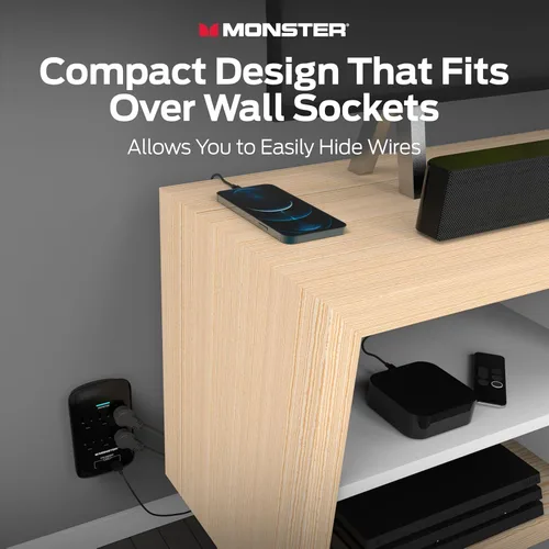 Vista 3 de Monster - Protector de sobretensiones de enchufe de pared de 6 tomas, 1200 julios, extensor de toma de pared con 1 puerto de carga USB-A y 1 puerto