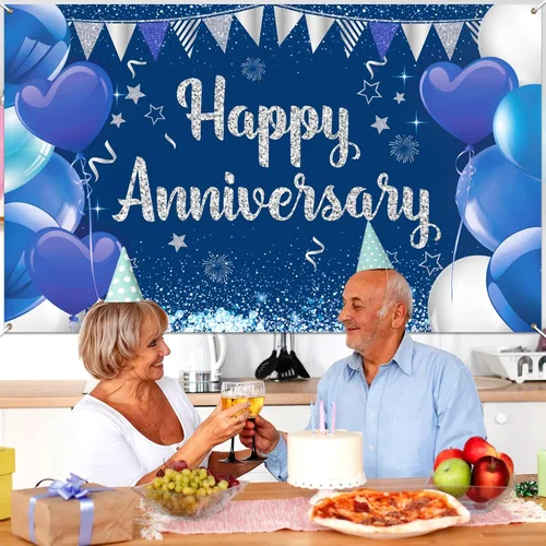 Vista 4 de Cartel de fiesta de feliz aniversario azul marino, póster grande de fondo de boda y cumpleaños, 70.8 x 43.3 pulgadas