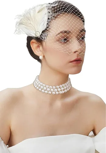 Vista 4 de Flyonce Juego de collar de perlas de los años 20, gran Gatsby collar de perlas de múltiples hebras con aretes, collar de perlas de imitación