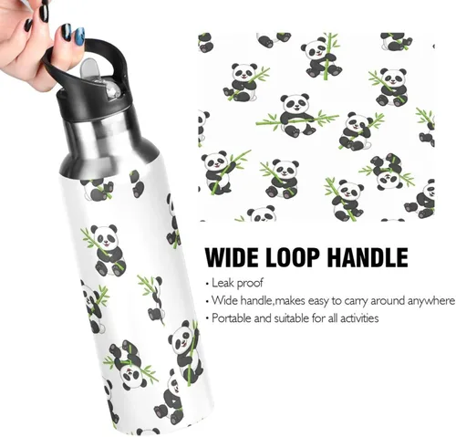 Vista 4 de Cute Cartoon Pandas - Botella de agua blanca aislada de 32 onzas, sin BPA, con popote a prueba de fugas