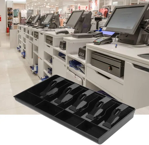 Vista 9 de Caja registradora de cinco rejillas, 5 billetes, 4 ranuras para monedas, bandeja para monedas, cajero, caja fuerte de almacenamiento ordenada (negro)