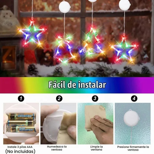 Vista 7 de Luces de decoración de Navidad, 3 luces de Navidad para ventana, funciona con pilas, decoración de ventana de Navidad, árbol y cascabel