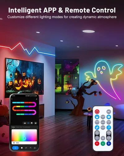 Vista 5 de Luces de cuerda de neón, tira de luces LED RGB+IC inteligente de 3,05 m con aplicación y control remoto, luces de cuerda de neón flexibles