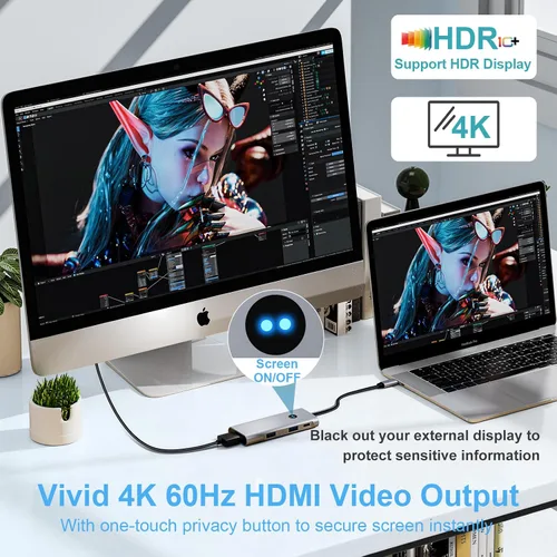 Vista 3 de Concentrador USB C 6 en 1, adaptador multipuerto HDMI USB-C 4K 4K @60Hz HDMI, 2 USB-C y 2 USB-A 10Gbps, 100W PD, botón de privacidad