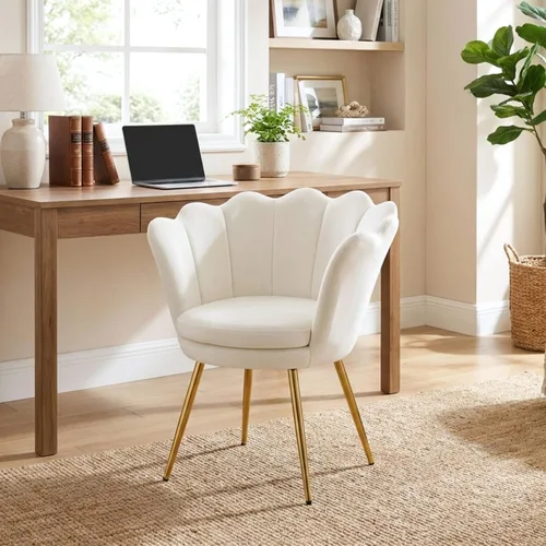 Vista 8 de chairus Silla de tocador de maquillaje blanca crema con respaldo, pequeña silla moderna tapizada de terciopelo con patas de metal dorado, bonita