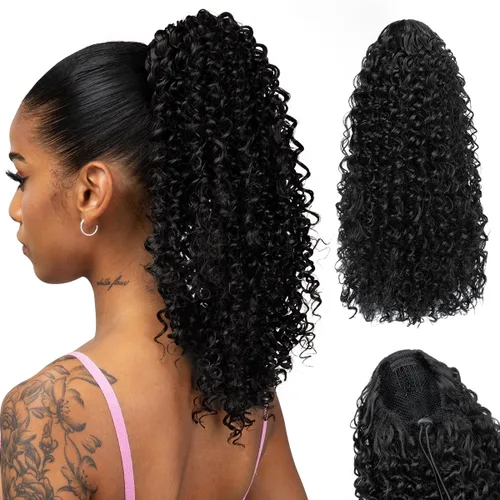 Vista 15 de Extensiones de cabello rizado con cordón para mujeres negras, 16 pulgadas de largo, sintético, afro, esponjoso, en capas, extensión de cola