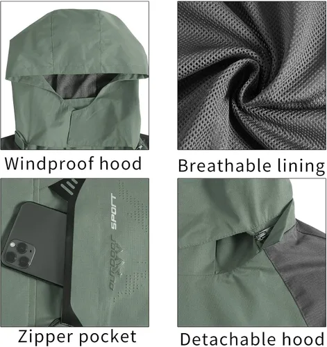 Vista 4 de TEZO Chaqueta impermeable para hombre, con capucha, rompevientos ligera