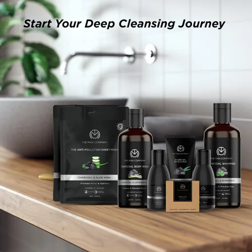Vista 5 de The Man Company Kit definitivo de carbón con elegante caja de regalo Gel de baño de carbón, champú, exfoliante facial, lavado facial, jabón