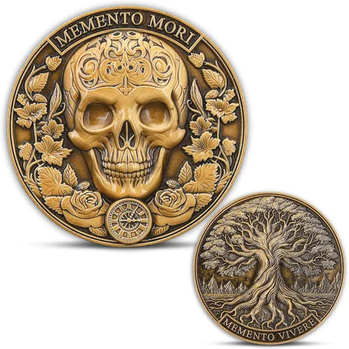 Vista 6 de Memento Mori Stoic Coin - Parca y reloj de arena, lápida de serpiente - Ficha de recordatorio de bolsillo con vitrina (moneda individual)